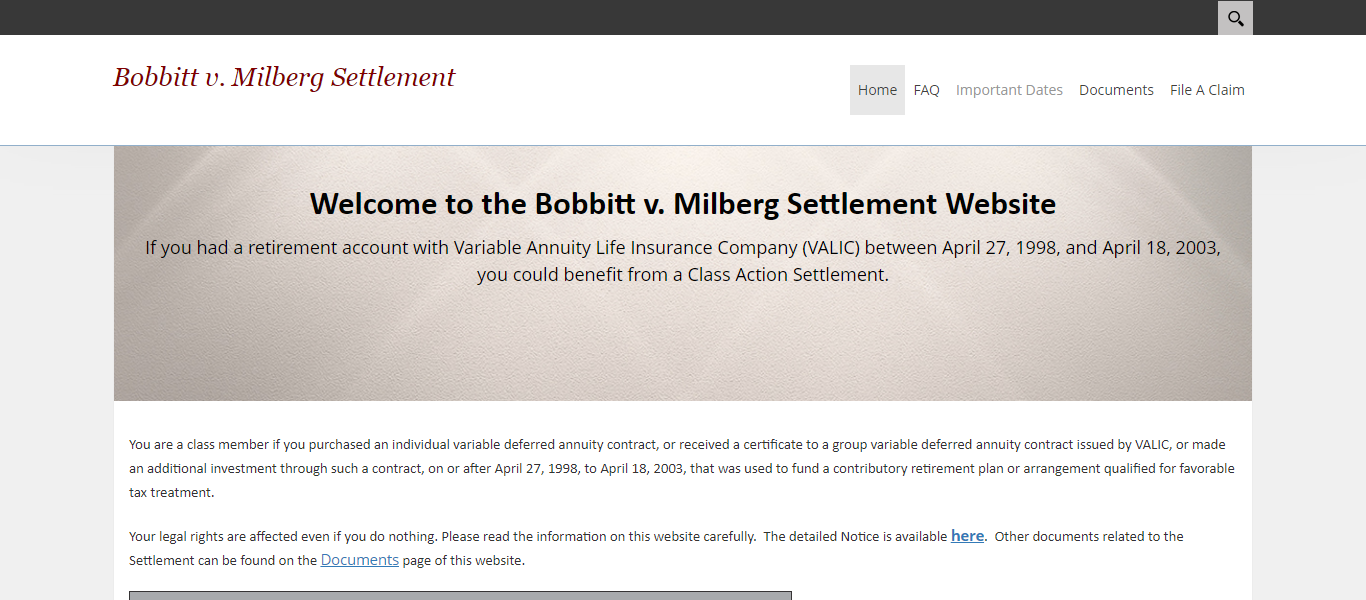 Bobbitt Settlement Administrator Valic Class Action Lawsuit See